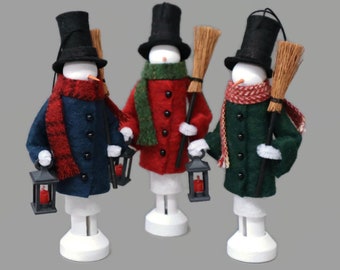 Snowman Clothespin Ornament, Dressed Up Snowman with Lantern, Winter Peg Doll