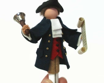 Colonial Town Crier Clothespin Ornament, American Revolution Peg Doll