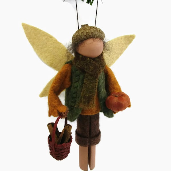 Autumn Fairy Ornament - Boy, Harvest Pixie, Woodland Faerie, Clothespin Ornament, Peg Doll, Fall Decor, Ornament Exchange, Autumn Sprite