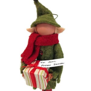 Personalized Elf Christmas Ornament, Elf with Gift, Clothespin Ornament, Peg Doll, Elf Ornament, Ornament Exchange, Wool Felt, From Santa