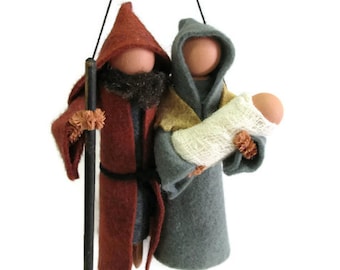 Nativity Christmas Ornament - Jesus, Mary and Joseph, Clothespin Ornament, Wool Felt, Peg Doll, Holy Family, Ornament Exchange, hostess gift