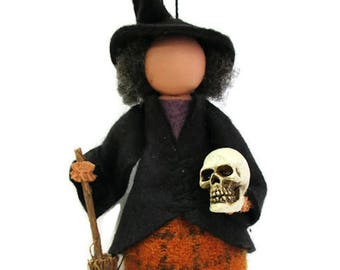 Hildegard the Wicked Witch, Clothespin Ornament or Peg Doll, Halloween Decor