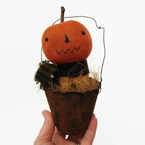 Jack O Lantern Pumpkin Patch Doll, Primitive Halloween Doll, Rustic Peat Pot