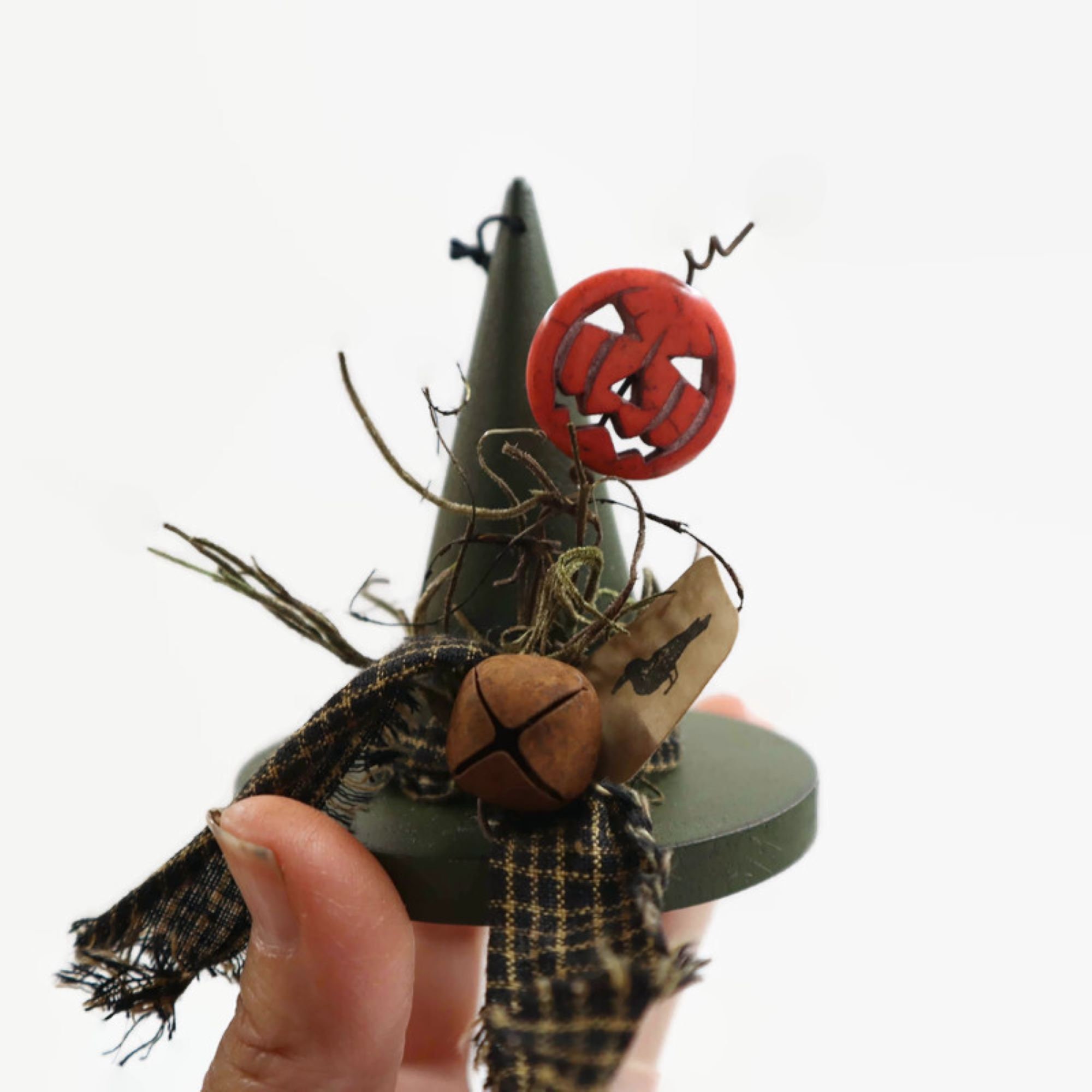 Green Witch Hat Ornament, Jack o Lantern Hat, Tiered Tray Decor, Primitive Witch Hat, Halloween Decor