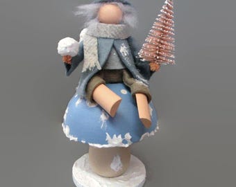 Jack Frost Sitting on a Mushroom Clothespin Doll