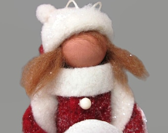 Girl with Snowball Clothespin Ornament, Winter Peg Doll