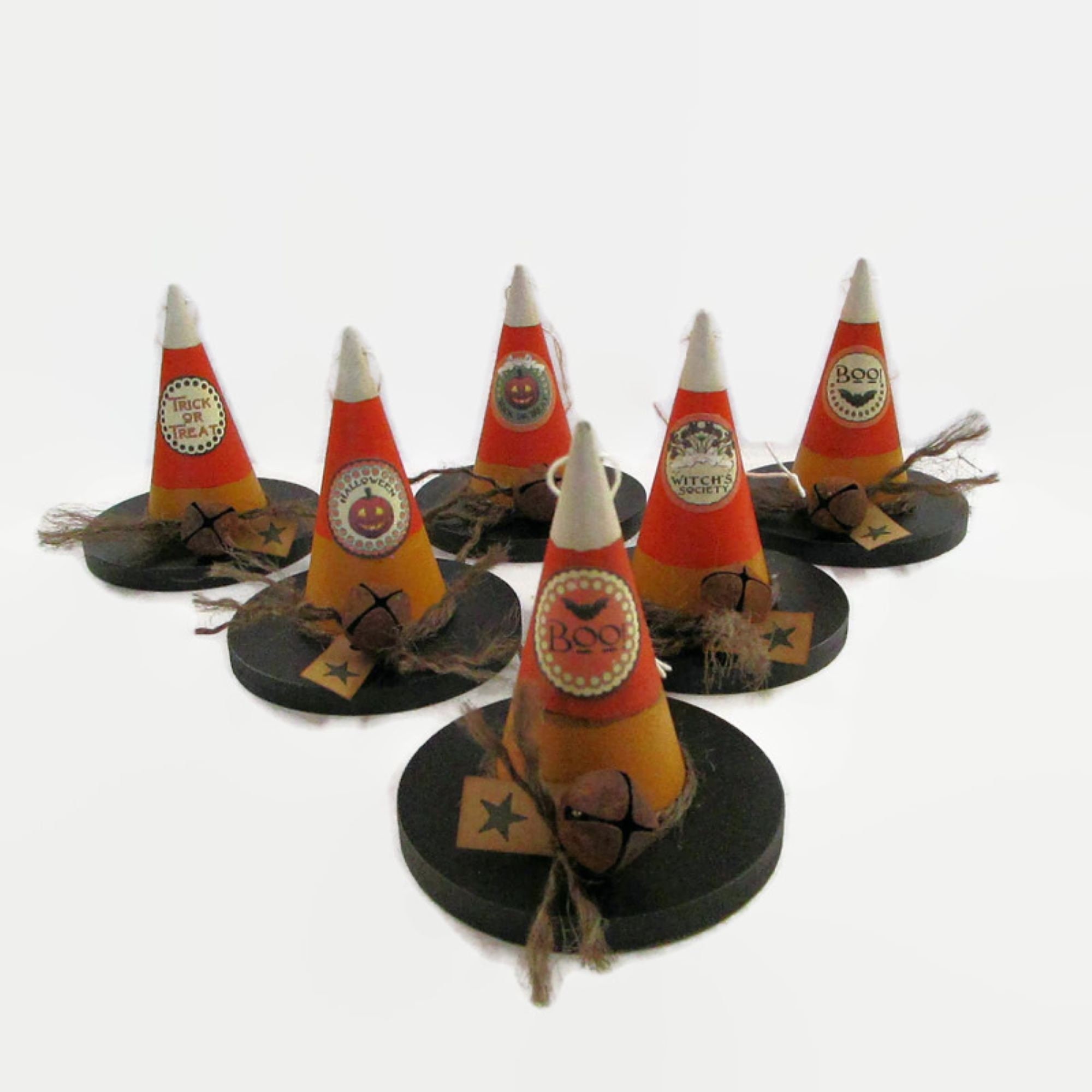 Candy Corn Witch Hat Ornament, Primitive Halloween Decor, Wood Hat, Halloween Ornament