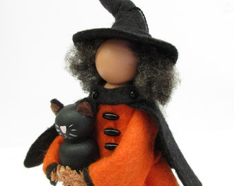 Clothespin Witch Ornament Betty and Boo, Halloween Decor, Peg Doll, Witch with Black Cat