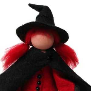 Clothespin Witch Ornament Ruby Red, Halloween Peg Doll, Red Witch with Broom