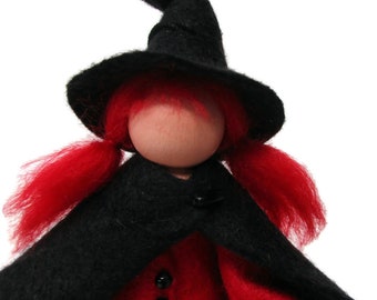 Clothespin Witch Ornament Ruby Red, Halloween Peg Doll, Red Witch with Broom