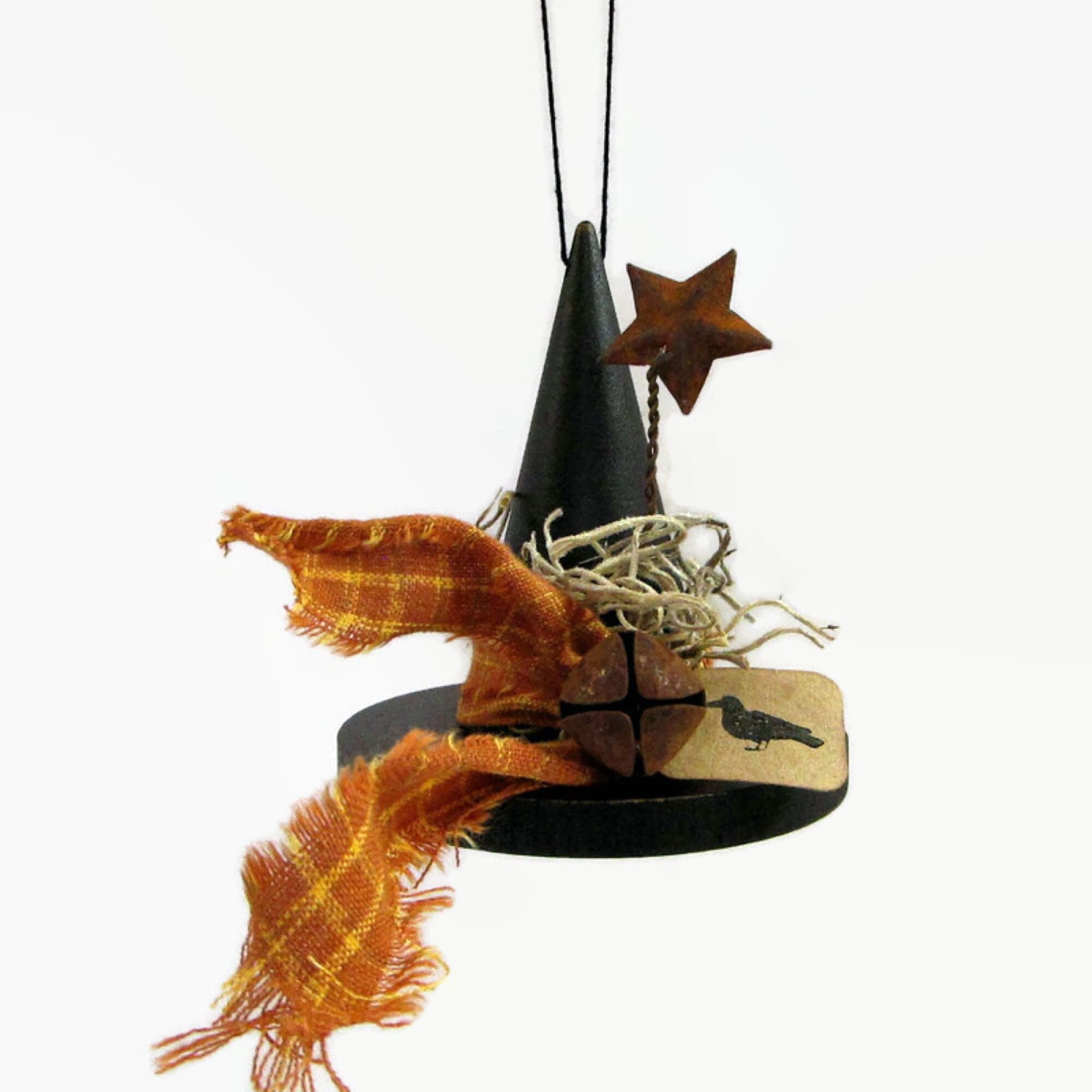 Black Witch Hat Ornament, Wood Hat, Halloween Decor,  Party Favor, Primitive Witch Hat