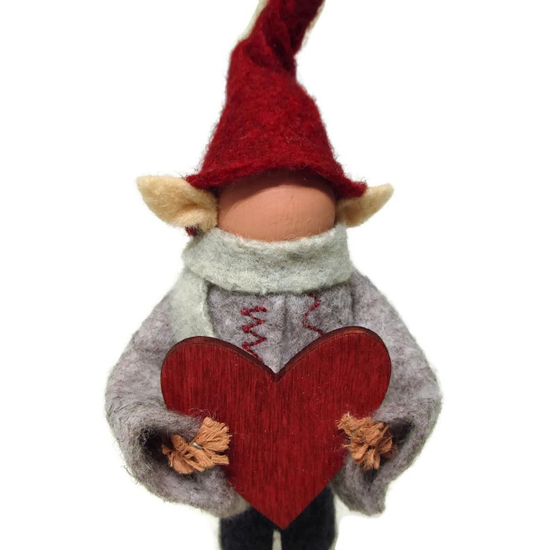 Valentine Elf Clothespin Ornament, Valentine's Day Peg Doll, Winter Elf, Elf with Heart image 1