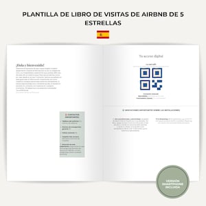 Könnte beinhalten: Eine digitale 5-Sterne-Airbnb-Gästebuchvorlage mit einer Willkommensnachricht, einem QR-Code für den WLAN-Zugang, Notfallkontakten und Anweisungen zur Nutzung der Einrichtung. Ein kreisförmiges Abzeichen weist auf eine enthaltene Smartphone-Version hin.