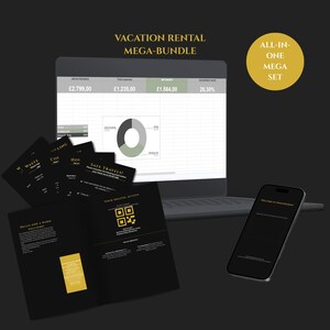 Może przedstawiać: Zestaw produktów cyfrowych do wynajmu wakacyjnego zawierający laptopa z arkuszem kalkulacyjnym i wykresem, smartfon oraz kilka czarnych kart informacyjnych ze złotym tekstem i kodem QR zapewniającym dostęp cyfrowy.