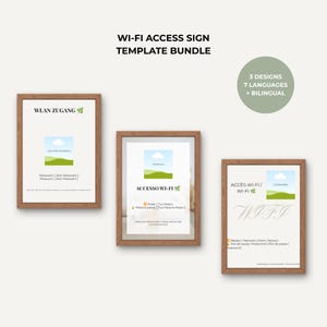 以下が含まれることがあります： 木製の枠で囲まれた3つのWi-Fiアクセスサインテンプレートのセット。各サインにはQRコードのプレースホルダー、ネットワーク名、パスワード入力欄が含まれています。円形のグラフィックには、3つのデザイン、7つの言語、バイリンガルオプションが含まれていることが示されています。