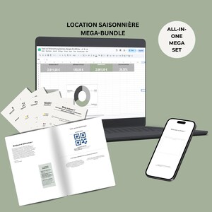 May include: A digital mega-bundle for seasonal rentals featuring a laptop displaying a spreadsheet with financial data, a smartphone, and several printed documents including a welcome guide with a QR code and the text LOCATION SAISONNIÈRE MEGA-BUNDLE.