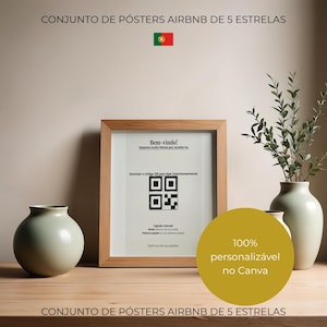 Puede incluir: Un marco de madera clara que contiene un cartel blanco con texto negro y un código QR. El texto dice Bem-vindo, Estamos muito felizes por receber-te, Escanear o código QR para ligar instantaneamente, Ligação manual, Rede, Palavra-passe, Desfruta da tua estadia.