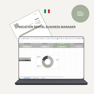 Pode incluir: Uma planilha digital de gestão de aluguel de temporada exibida na tela de um laptop, com um painel de dados financeiros, um gráfico de rosca e um documento intitulado Fattura, compatível com Excel e Google Sheets.