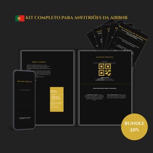 Könnte beinhalten: Ein komplettes Gastgeber-Willkommensset für Airbnb mit einem Smartphone, einer offenen schwarzen Mappe mit goldenem Text und einem Stapel Informationskarten. Das Design enthält einen QR-Code für WLAN-Zugang, Kontakte und Hausregeln.