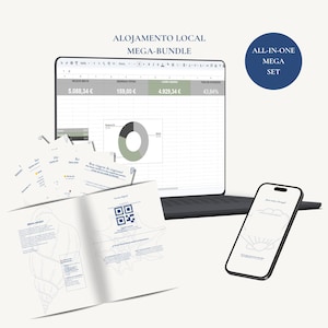 May include: A digital bundle for local accommodation featuring a laptop displaying a spreadsheet with financial data, a smartphone showing a welcome screen with a seashell graphic, and a printed guide with a QR code and informational text.