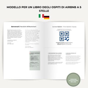 May include: A digital template for a 5-star Airbnb guest book featuring bilingual text in Italian and German. The document includes a welcome message, a QR code for Wi-Fi access, emergency contact information, and important house rules for guests.