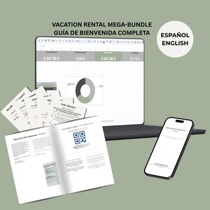 May include: A vacation rental mega-bundle welcome guide set featuring a laptop displaying a spreadsheet with financial data and a pie chart, a smartphone showing a welcome screen, and several printed information cards with text and QR codes.