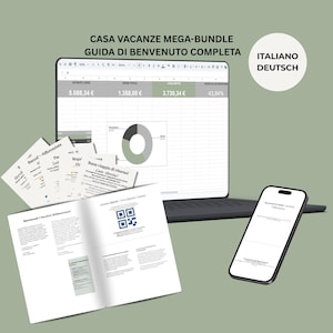 Pode incluir: Um pacote digital de guia de boas-vindas para aluguel de temporada com um laptop exibindo uma planilha com dados financeiros e um gráfico de pizza, um smartphone e cartões informativos em italiano e alemão, incluindo um código QR.