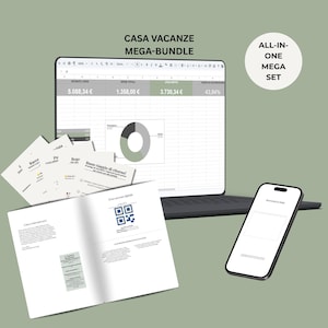 Pode incluir: Um pacote digital para aluguel de temporada com um laptop exibindo uma planilha com dados financeiros e um gráfico, um smartphone e documentos impressos, incluindo um guia de boas-vindas com código QR e o texto CASA VACANZE MEGA-BUNDLE.
