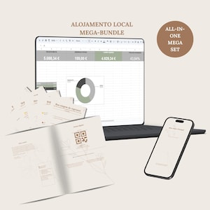 May include: A digital bundle for local accommodation management featuring a laptop displaying a spreadsheet with financial data and a pie chart, a smartphone, and several printed documents with text and a QR code. The text reads ALOJAMENTO LOCAL MEGA-BUNDLE and ALL-IN-ONE MEGA SET.