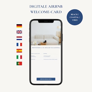 Peut inclure: Un smartphone affichant une carte de bienvenue Airbnb numérique avec le texte "DIGITALE AIRBNB WELCOME-CARD" et "BIENVENIDO A TU HOGAR VACACIONAL". L'écran présente des champs pour le code de boîte à clés, le Wi-Fi, l'adresse et un bouton Google Maps.