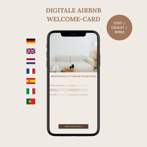 Peut inclure: Un smartphone affichant un modèle de carte de bienvenue Airbnb numérique. L'écran présente un fond beige avec le texte BIENVENIDO A TU HOGAR VACACIONAL, des champs pour le Wi-Fi et les codes, et un bouton ABRIR EN GOOGLE MAPS. Une colonne de drapeaux est à gauche.