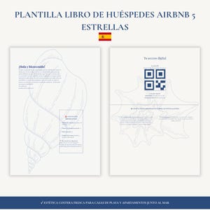 May include: A digital Airbnb guest book template featuring two pages with light blue seashell illustrations. The text includes "PLANTILLA LIBRO DE HUÉSPEDES AIRBNB 5 ESTRELLAS", "¡Hola y bienvenido!", "Tu acceso digital", a QR code, and sections for contact information and house rules.