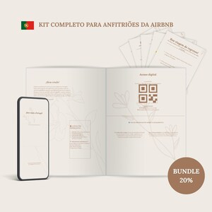 May include: A digital Airbnb host kit featuring a smartphone displaying a welcome screen, an open guidebook with a QR code for digital access, and a stack of printed cards. The design includes light beige paper with brown text and floral line art.