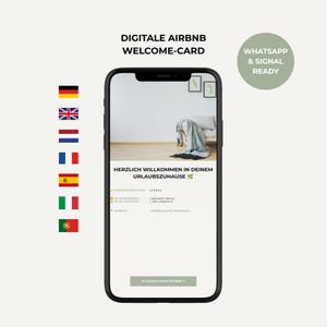 Op de afbeelding: Een digitale Airbnb welkomstkaart weergegeven op een smartphonescherm. De interface bevat de tekst 'HERZLICH WILLKOMMEN IN DEINEM URLAUBSZUHAUSE', velden voor wifi-inloggegevens, adres en een knop met 'IN GOOGLE MAPS ÖFFNEN'.