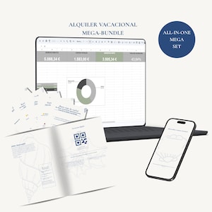 May include: A digital holiday rental mega-bundle set displayed on a laptop screen showing financial spreadsheets and a pie chart, alongside a smartphone and printed documents featuring a QR code and shell illustrations with the text Alquiler Vacacional.