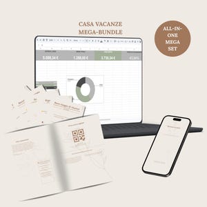 May include: A digital bundle for holiday rentals featuring a laptop displaying a spreadsheet with financial data and a pie chart, a smartphone, and printed documents with text and QR codes. The text reads CASA VACANZE MEGA-BUNDLE and ALL-IN-ONE MEGA SET.