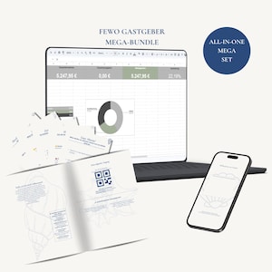 May include: A digital bundle featuring a laptop displaying a spreadsheet with financial data, a smartphone showing a welcome screen, and several printed documents with text and a QR code. The text reads FEWO GASTGEBER MEGA-BUNDLE and ALL-IN-ONE MEGA SET.