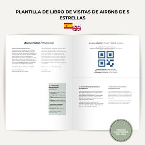 Könnte beinhalten: Eine digitale Vorlage für ein Airbnb-Gästebuch mit einer Fünf-Sterne-Überschrift, zweisprachigem Text auf Spanisch und Englisch, einem QR-Code für den WLAN-Zugang, Notfallkontaktbereichen und wichtigen Unterkunftshinweisen auf weißem Hintergrund.