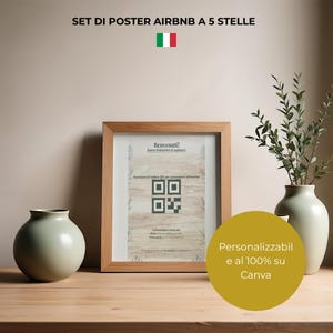 May include: A wooden frame containing a sign with the text Benvenuti, a QR code, and Wi-Fi connection details. The sign features a light wood grain background. Two light green vases are placed on either side of the framed sign.