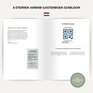以下が含まれることがあります： オランダ語の5つ星Airbnbゲストブックテンプレート。ウェルカムメッセージ、デジタルアクセス用QRコード、Wi-Fiネットワーク詳細、緊急連絡先、宿泊施設に関する注意事項が記載されています。スマートフォン版であることを示す円形のバッジが含まれています。