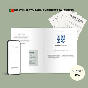 Puede incluir: Un kit digital para anfitriones de Airbnb que incluye un smartphone con pantalla de bienvenida, un folleto informativo abierto con código QR para acceso Wi-Fi y una pila de hojas de instrucciones en portugués, con una insignia de lote del 20%.