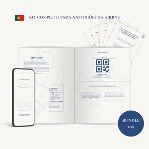 Könnte beinhalten: Ein digitales und gedrucktes Gastgeber-Willkommensset mit einem Smartphone, das einen Begrüßungsbildschirm anzeigt, einer offenen Informationsbroschüre mit QR-Code für WLAN-Zugang und einem Stapel Informationskarten, verziert mit Muschel-Linienkunst.
