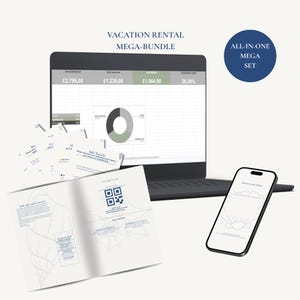 May include: A vacation rental mega-bundle digital set featuring a laptop displaying a financial spreadsheet with a pie chart, a smartphone showing a welcome screen, and an open guidebook with a QR code and shell illustrations on white pages.