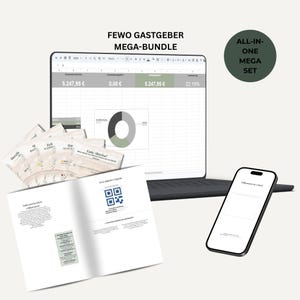 Könnte beinhalten: Ein digitales Set mit einem Laptop, der eine Tabelle mit Finanzdaten anzeigt, einem Smartphone mit Willkommensbildschirm, einer gedruckten Broschüre mit QR-Code und mehreren kleinen Karten mit der Aufschrift FEWO GASTGEBER MEGA-BUNDLE.
