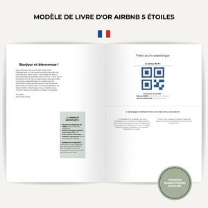Puede incluir: Una plantilla de libro de visitas digital para alquileres de Airbnb con un mensaje de bienvenida, un código QR para acceso Wi-Fi, contactos de emergencia y normas de la casa. El documento incluye secciones para datos de red y notas.