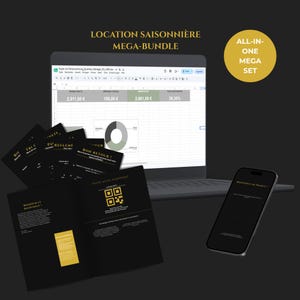 Könnte beinhalten: Ein digitales Vermietungs-Management-Paket mit einem Laptop, der eine Tabelle mit Finanzdaten anzeigt, einem Smartphone und mehreren schwarzen Dokumenten mit goldenem Text, einschließlich der Aufschrift LOCATION SAISONNIERE MEGA-BUNDLE.