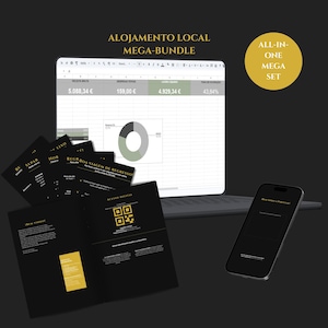 May include: A digital bundle featuring a laptop displaying a spreadsheet with financial data, a smartphone, and several black informational cards with gold text and a QR code. The text reads ALOJAMENTO LOCAL MEGA-BUNDLE and ALL-IN-ONE MEGA SET.