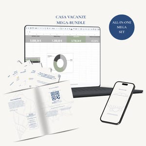 May include: A digital holiday rental management bundle featuring a laptop displaying a spreadsheet with financial data and a pie chart, a smartphone with a shell graphic, and printed documents including a QR code and shell illustrations.