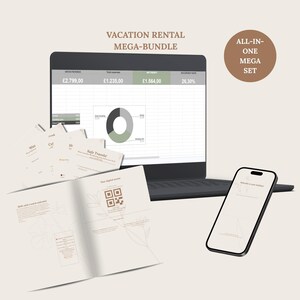 May include: A digital vacation rental mega-bundle displayed on a laptop screen, a smartphone, and printed documents. The laptop shows a financial spreadsheet with a pie chart. The documents feature a QR code and floral line art illustrations.