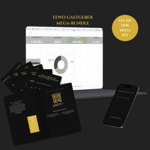 May include: A digital bundle for vacation rental hosts featuring a laptop displaying a spreadsheet with financial data, a smartphone, and several black information cards with gold text including the phrases FEWO GASTGEBER MEGA-BUNDLE and ALL-IN-ONE MEGA SET.